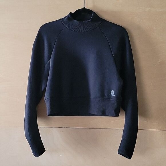 ADIDAS Team Womens Logo Varsity XS Athleisure Long Sleeve Crop Black Sweatshirt - Picture 3 of 12